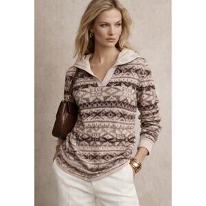Lauren Ralph Lauren Fair Isle Knit Hooded Top Womens Medium Cream Brown